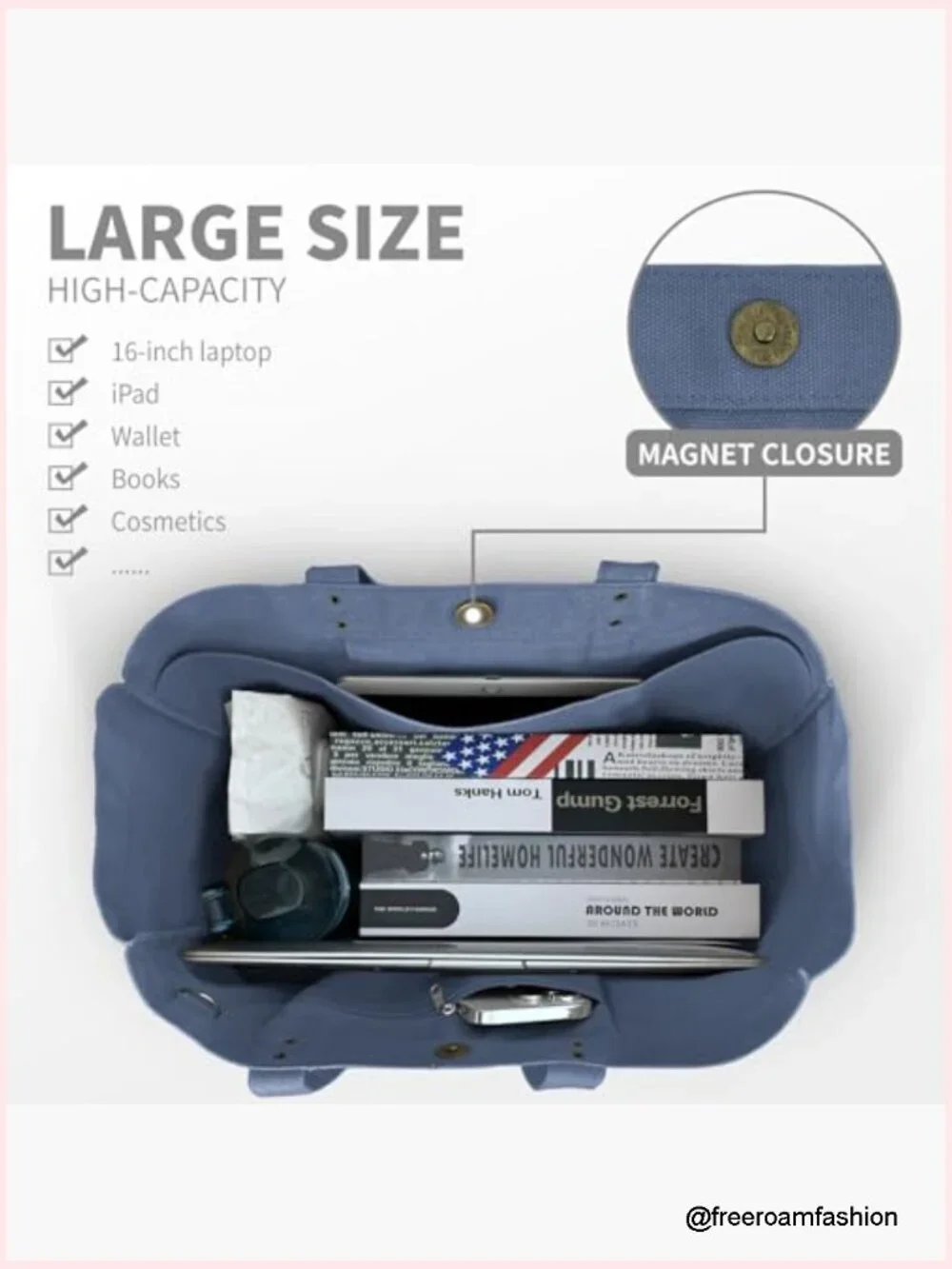 Large Canvas Tote Bag with Laptop Sleeve and Pockets